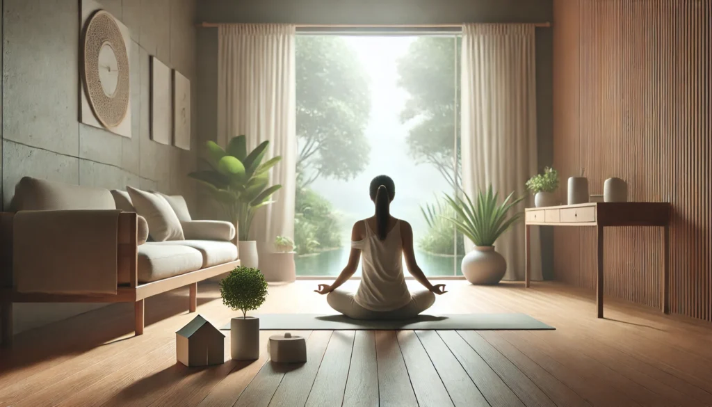 A person practicing yoga or deep breathing in a serene indoor space with greenery and soft lighting, emphasizing stress reduction for heart health.