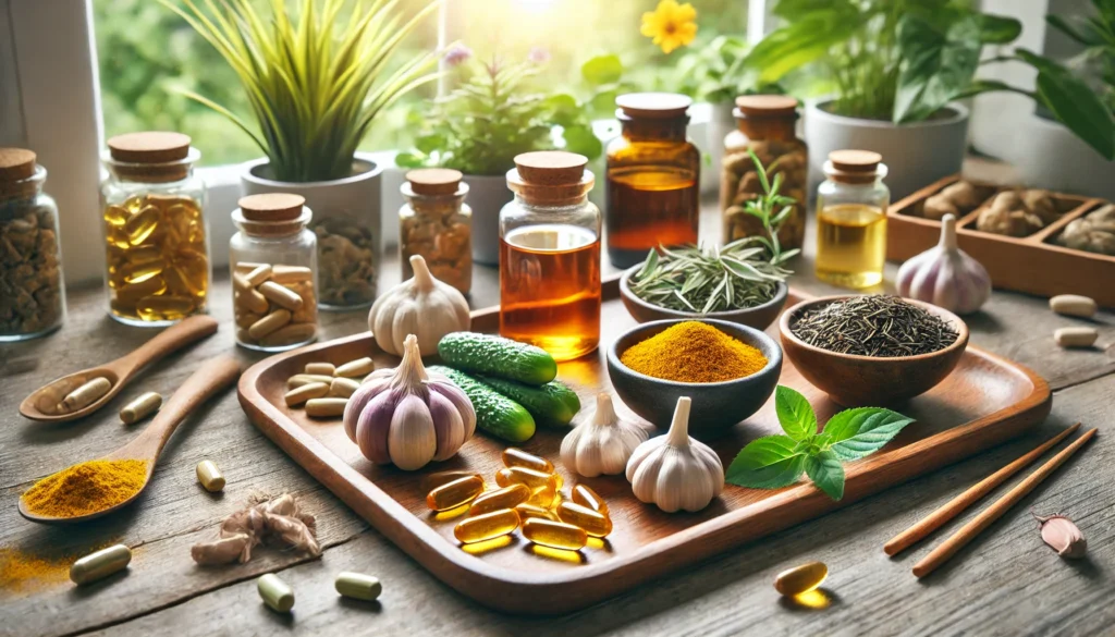 A wooden tray with natural supplements like garlic, turmeric, fish oil capsules, and a cup of green tea, surrounded by fresh plants and soft daylight, symbolizing natural remedies for heart wellness.