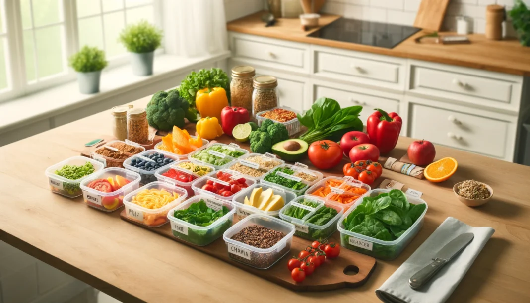 A bright kitchen with a wooden table spread with colorful vegetables, whole grains, lean proteins, and meal prep containers organized for the week.