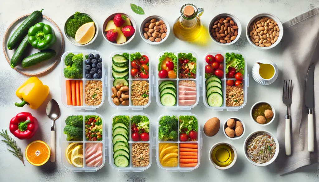 Top-down view of seven healthy meal containers arranged in a row, surrounded by fresh fruits, nuts, and olive oil on a clean countertop.