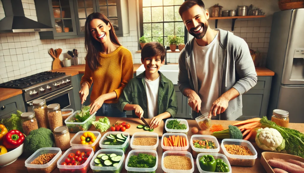 A happy family preparing nutritious meals together in a bright kitchen, chopping vegetables and organizing meal prep containers on the counter.