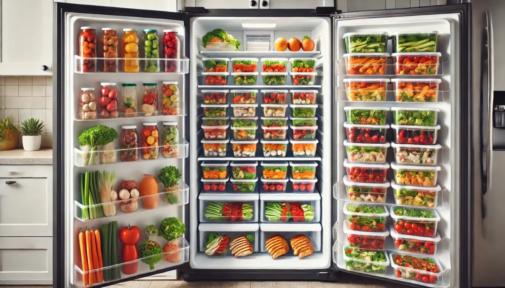 A well-organized refrigerator with clear containers of prepped healthy meals like grilled chicken, salads, vegetables, and fruit snacks.