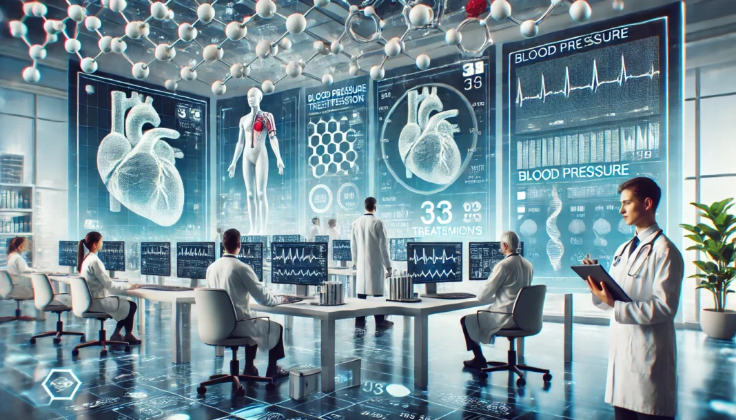 Modern medical research laboratory with scientists analyzing high blood pressure treatments using advanced digital technology and heart monitoring data.