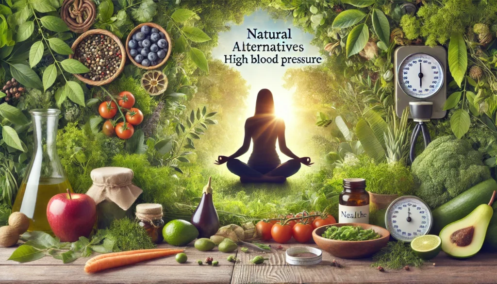 Peaceful natural wellness scene with a person meditating among greenery, herbs, and healthy foods symbolizing holistic and natural blood pressure treatments.