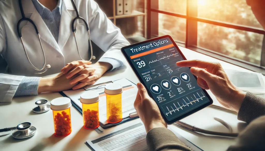 Healthcare professional consulting with a patient in a clinical setting, using a digital tablet displaying blood pressure data and personalized treatment plans.