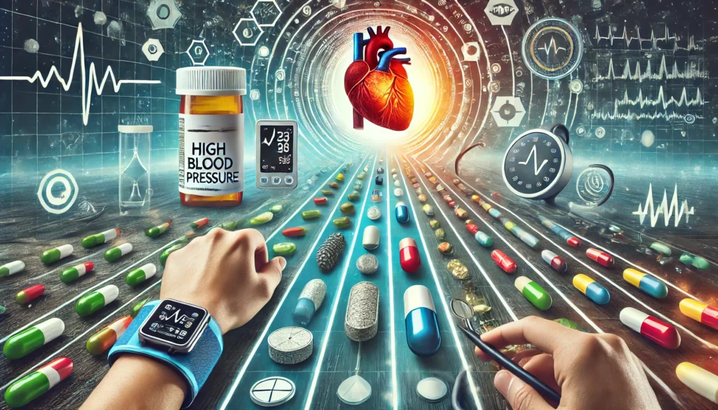 Conceptual visualization of blood pressure treatment evolution, showing a transition from traditional pills to wearable technology and digital health solutions.
