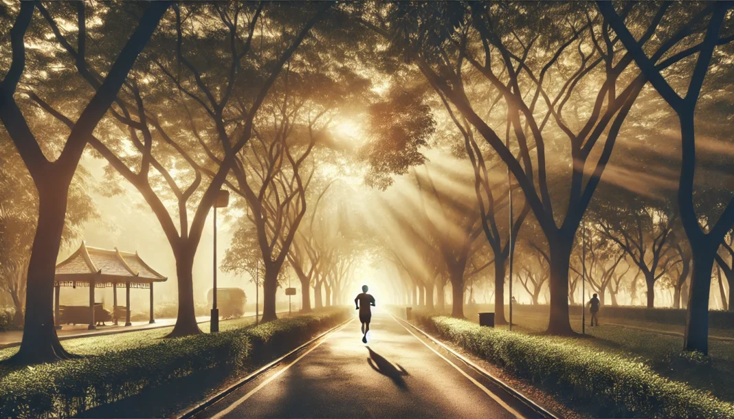 A person jogging on a tree-lined path in a sunlit park, representing cardiovascular health through regular physical activity.