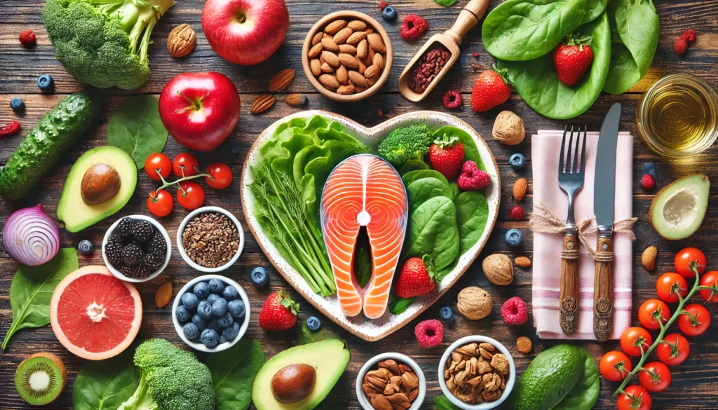 An overhead view of a nutritious meal with salmon, leafy greens, avocados, nuts, and berries on a wooden table, symbolizing a heart-healthy diet.