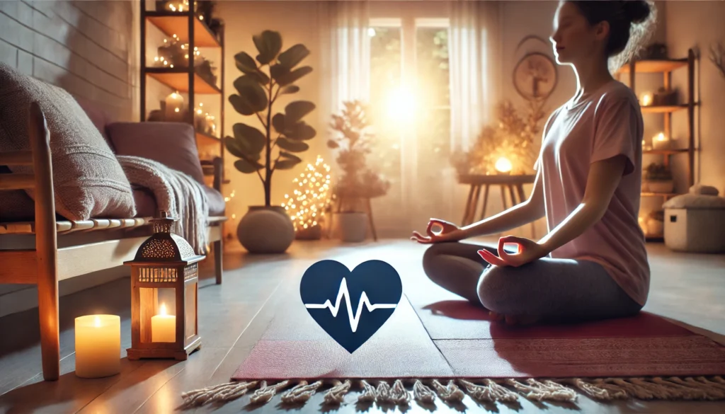 A person meditating cross-legged on a yoga mat in a calm, softly lit room, illustrating the role of stress reduction in heart health.