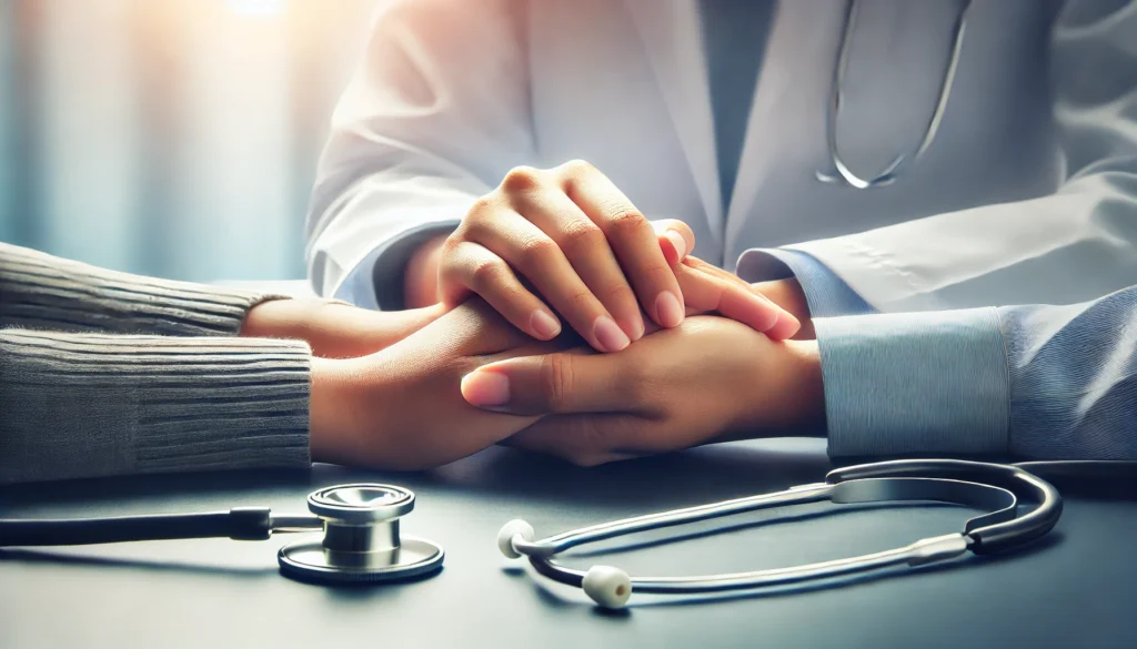 A close-up of a doctor holding a patient’s hands across a desk with a stethoscope nearby, emphasizing the importance of regular medical checkups for heart health.
