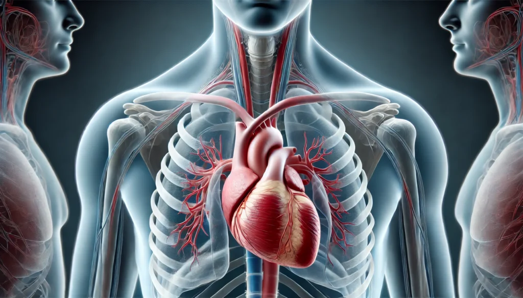 3D anatomical view of the heart within the thoracic cavity, showing its placement behind the sternum and between partially transparent lungs.