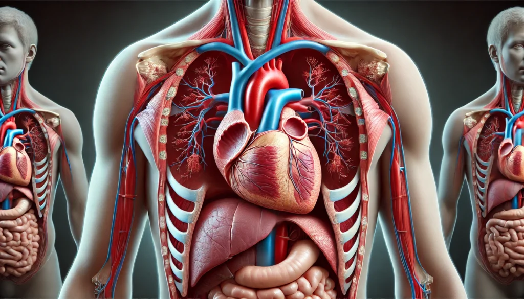 Medical cross-sectional view of the human torso highlighting the internal chambers, valves, and surrounding organs of the heart.