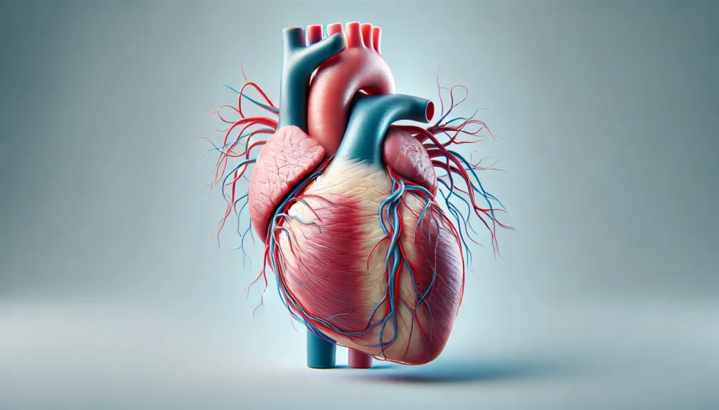 Realistic 3D rendering of the human heart displaying external anatomy including major arteries, veins, and structural contours.