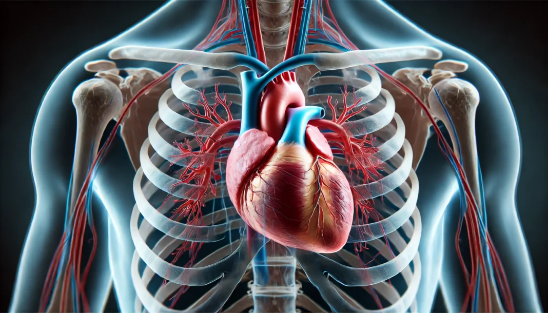 Transparent anatomical illustration of the human chest cavity showing the heart’s central location between the lungs and behind the ribcage.