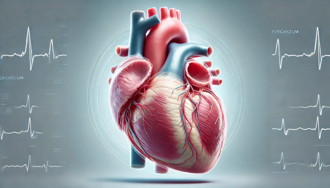 Detailed medical illustration of the human heart encased in the translucent pericardium, highlighting the protective outer layer in a clinical blue-toned background.