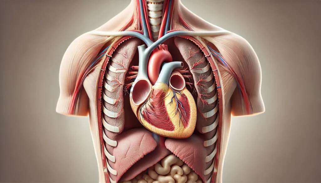 Cross-sectional anatomical view of the thoracic cavity showing the heart surrounded by the fibrous and serous layers of the pericardium, with lungs and diaphragm for context.