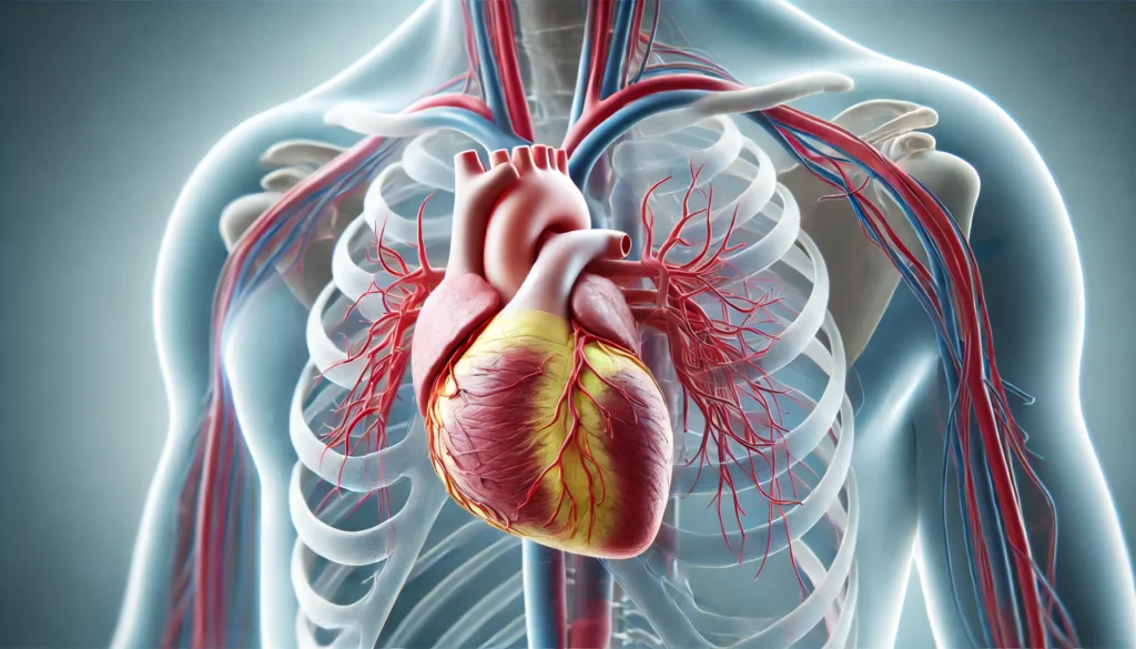 3D medical rendering of the heart suspended in the chest cavity, enclosed by a transparent pericardial sac, showing its relation to major vessels, lungs, and ribs.