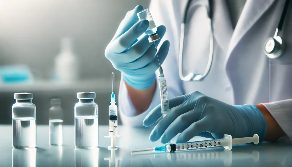 A healthcare professional wearing gloves prepares an injectable antidepressant with a syringe and vial. The softly blurred background represents a clinical setting, emphasizing modern depression treatment advancements.