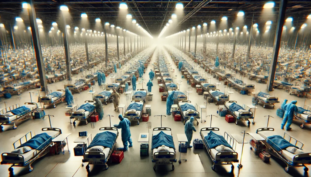 A large-scale emergency field hospital set up during a pandemic crisis, with rows of hospital beds occupied by patients. Medical workers in full protective gear tend to them under bright overhead lights, emphasizing the scale of the healthcare response and the urgency of the situation.