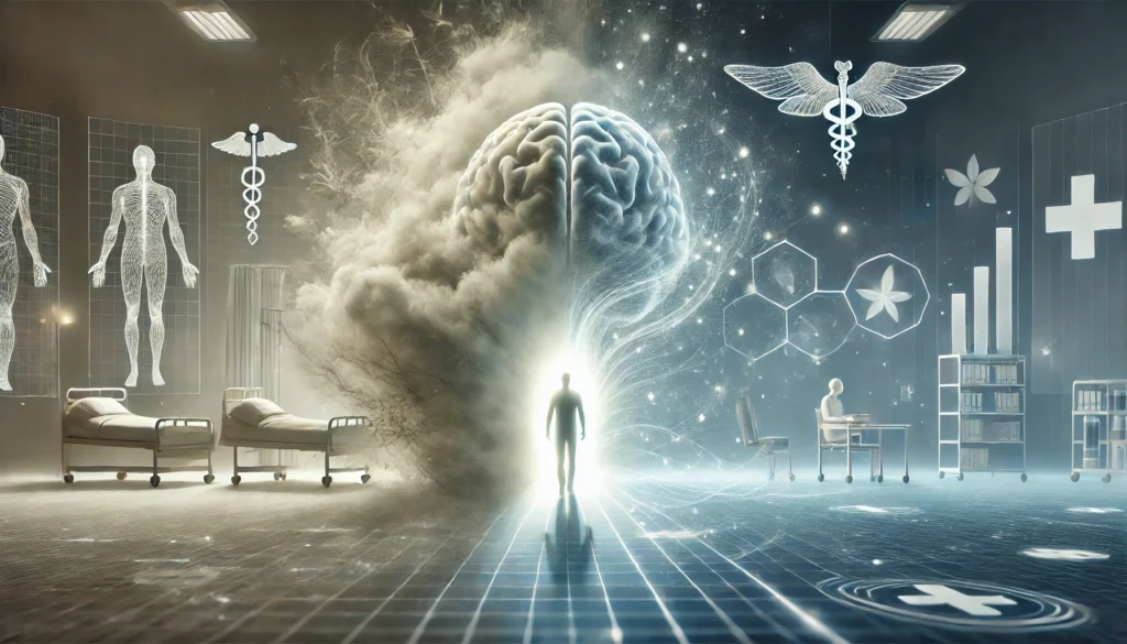 A conceptual visualization of schizophrenia recovery, showing a person emerging from a foggy, chaotic mental state into a clear, structured environment. The transition is highlighted by soft, glowing light illuminating their path, symbolizing the effect of breakthrough medication. The background features a futuristic, serene medical atmosphere, emphasizing hope and healing.