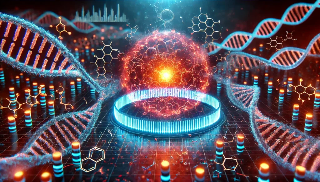 A futuristic visualization of epigenetics, illustrating glowing DNA strands wrapped around histone proteins with biochemical signals controlling gene expression. The neon molecular patterns represent gene regulation beyond DNA sequences.