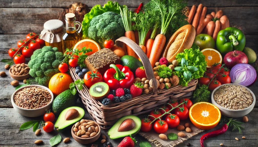 A farmer’s market basket filled with fresh vegetables, fruits, nuts, whole grains, and a loaf of whole grain bread, set in a rustic outdoor setting.