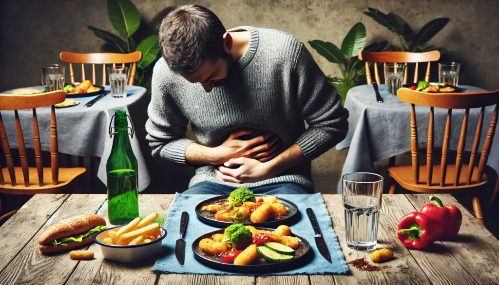 A person clutching their stomach in pain while sitting at a table with leftover food, experiencing severe food poisoning. The background suggests an unclean dining environment, hinting at possible contamination and the consequences of consuming unsafe food.