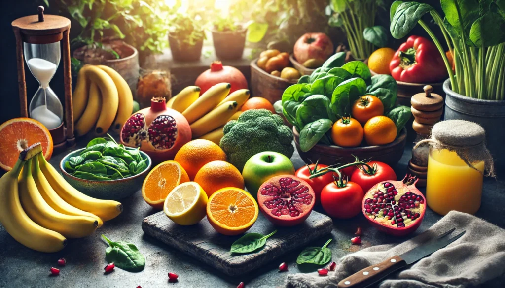 A vibrant display of fresh fruits and vegetables, including oranges, bananas, spinach, tomatoes, and pomegranates, arranged on a rustic kitchen counter under natural daylight, highlighting their benefits for blood pressure control.