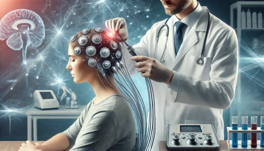 A medical professional adjusting a non-invasive brain stimulation device on a patient in a clinical setting. The background is softly blurred, representing cutting-edge depression treatments beyond traditional medication.