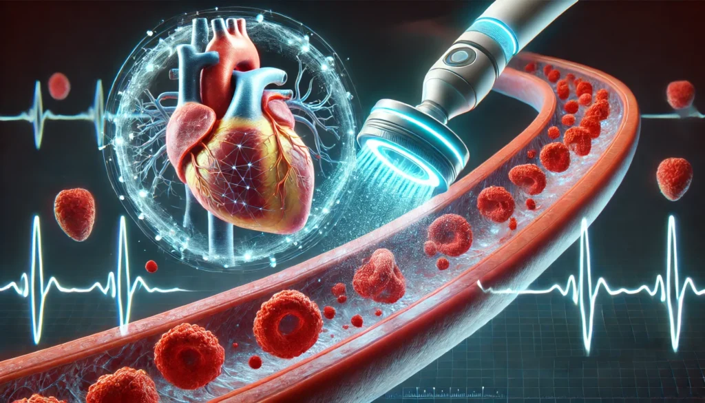 A futuristic medical visualization of an artery being cleaned from plaque using advanced microscopic technology. The image represents innovation in cardiovascular treatment and heart health improvement.