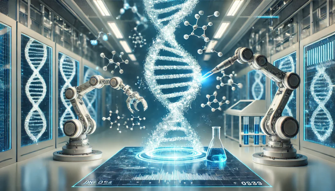 A glowing DNA double helix being carefully modified by robotic arms in a high-tech laboratory, surrounded by digital molecular structures, symbolizing advanced genetic engineering in a clean and sterile environment.