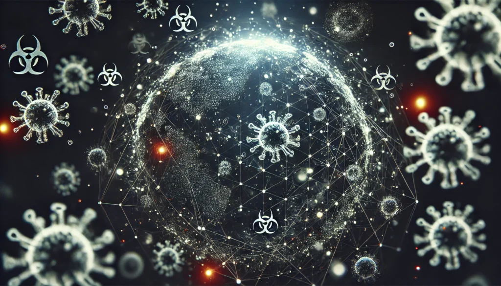 A conceptual futuristic representation of a viral infection, featuring a glowing network of microscopic virus particles in a dark space, symbolizing the unseen nature of disease spread.