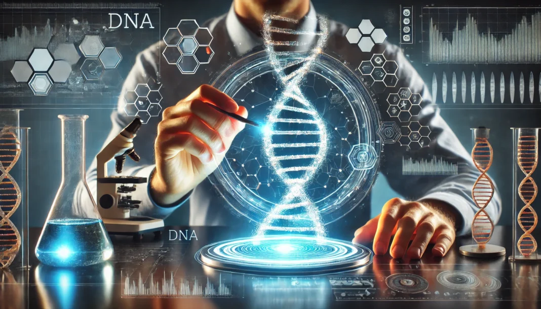 A futuristic laboratory where a scientist uses a high-tech holographic interface to manipulate a glowing DNA helix, surrounded by advanced digital tools, symbolizing cutting-edge genetic engineering.