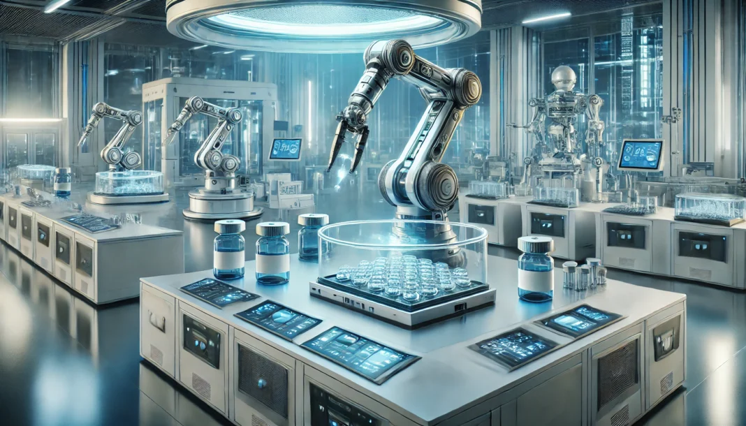 A high-tech laboratory featuring advanced robotic arms preparing pharmacological drugs under sterile conditions, illuminated with a blue glow to highlight precision medicine advancements.