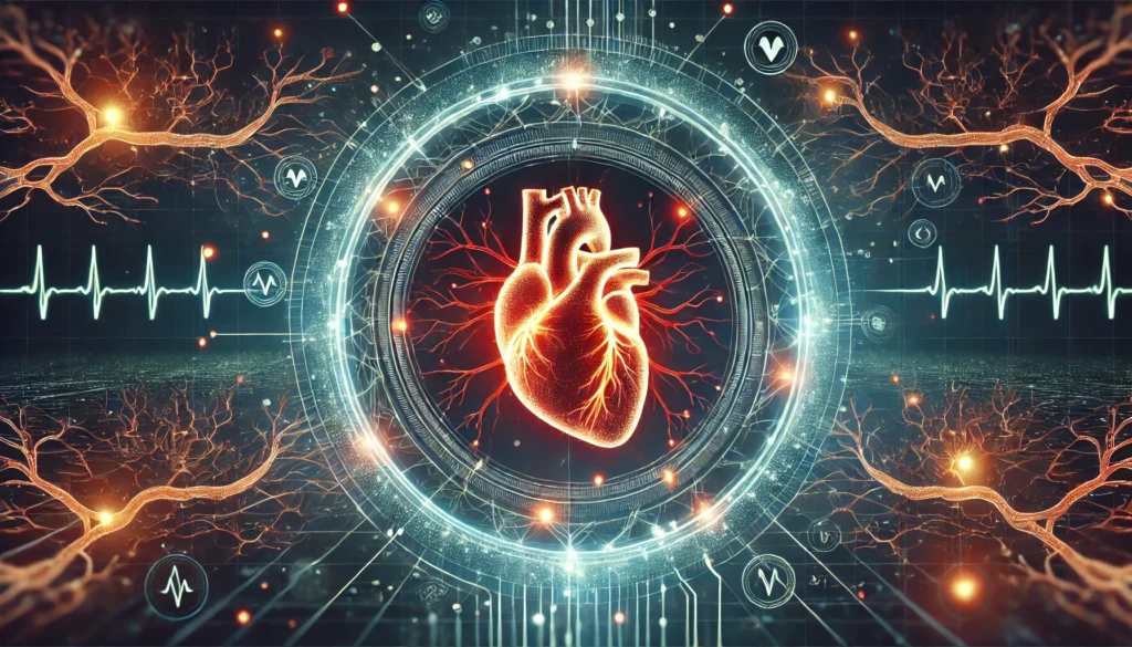 An abstract glowing heart surrounded by a network of healthy arteries, symbolizing strong circulation and cardiovascular wellness. The futuristic design highlights heart health.