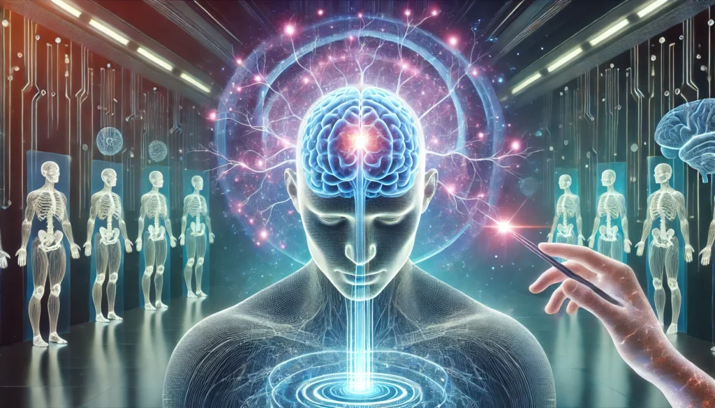 A visually stunning representation of a breakthrough therapy, featuring a futuristic human brain with glowing neural connections enhanced by advanced biotechnology. A soft blue and purple energy field surrounds the brain, symbolizing the impact of cutting-edge treatments on neurological disorders. The background presents a sleek, high-tech scientific environment, emphasizing medical progress.