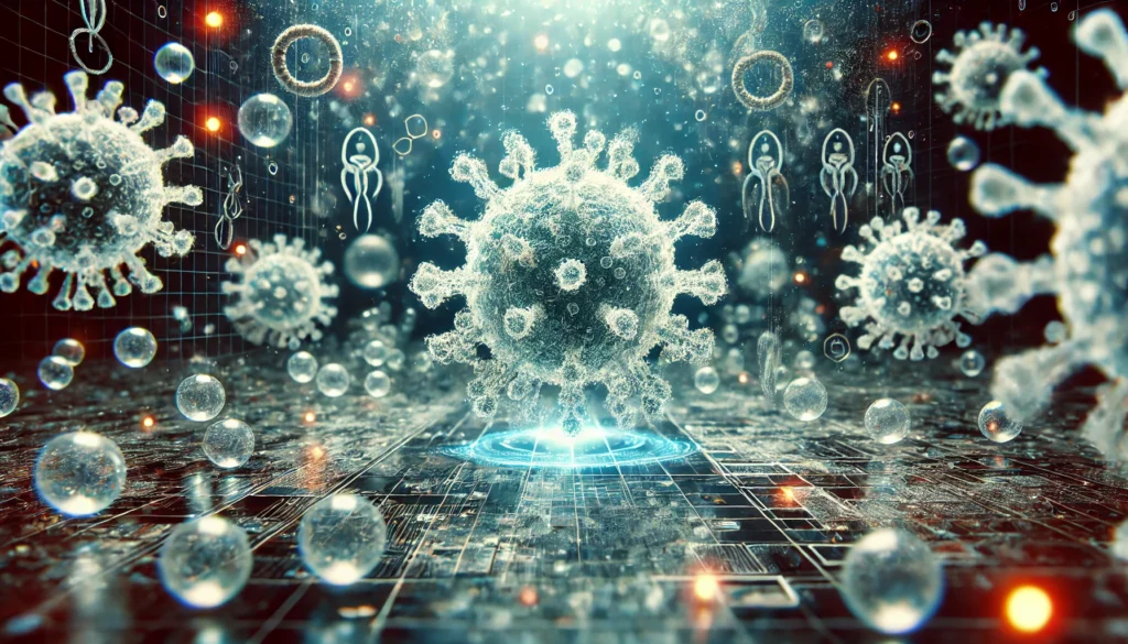 A digital-inspired interpretation of viruses and pathogens, featuring glowing, abstract viral particles in a futuristic environment. The detailed rendering showcases the microscopic complexity of infectious agents.