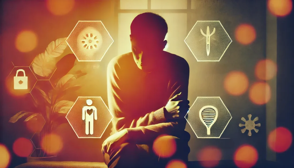 A symbolic digital illustration of general illness, showing a fatigued and unwell person sitting in a dimly lit room. A soft, warm glow highlights discomfort, representing symptoms such as fever, fatigue, and body aches.