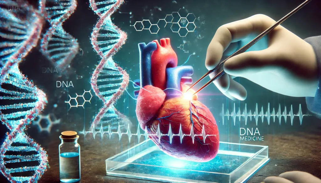 A conceptual futuristic representation of a human organ being bio-printed using genetic material, with glowing DNA strands merging into the tissue, showcasing medical advancements in regenerative medicine.