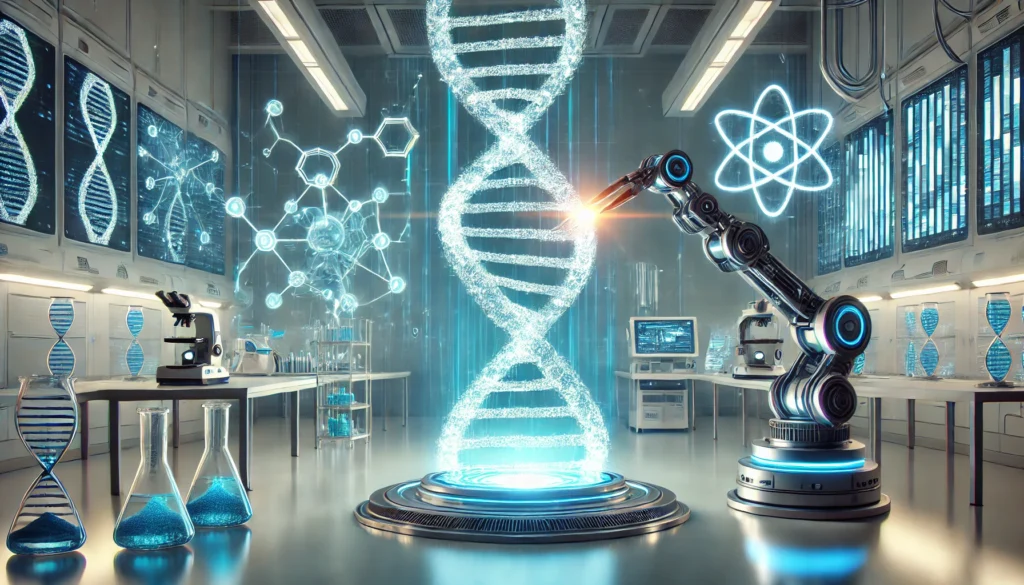 A futuristic visualization of genetic modification, featuring robotic arms precisely editing a glowing DNA helix in a sterile, high-tech laboratory environment.
