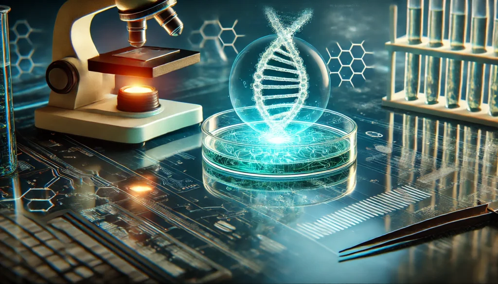 A futuristic petri dish containing a glowing, genetically modified organism, placed on a high-tech surface with scientific instruments in the background, representing advancements in biotechnology.