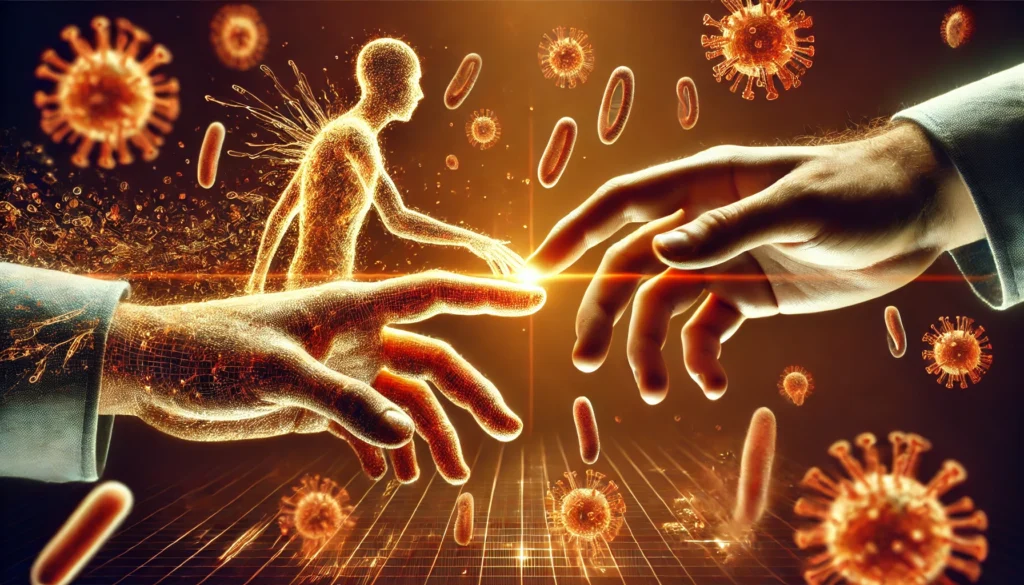 A conceptual illustration of illness transmission via contaminated surfaces. The image shows hands touching a doorknob covered in glowing germs, symbolizing the risk of pathogen spread through commonly shared objects.