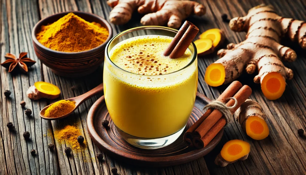A warm glass of golden turmeric milk on a rustic wooden table, surrounded by turmeric root, cinnamon sticks, and black peppercorns, highlighting natural anti-inflammatory remedies for joint health.