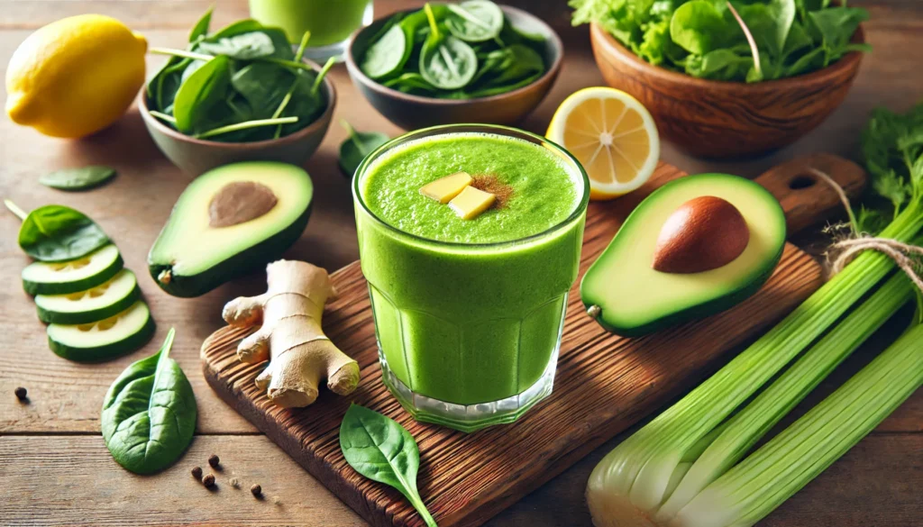 A fresh glass of green smoothie on a wooden countertop, surrounded by leafy greens, avocado, ginger, spinach, celery, and lemon, emphasizing a natural diet for reducing joint inflammation.