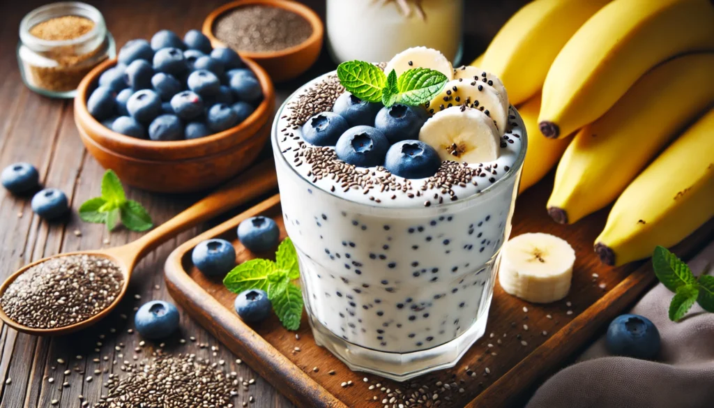 A close-up of a gut-healing smoothie made with kefir, banana, chia seeds, and blueberries, garnished with mint leaves and surrounded by fresh ingredients on a wooden surface, highlighting digestive health benefits.