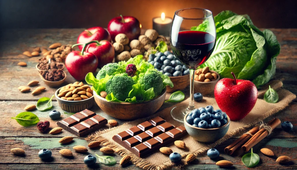 A visually appealing composition of heart-healthy foods, including dark chocolate, almonds, blueberries, and a fresh salad, accompanied by a glass of red wine. The display is arranged on a rustic table with warm lighting, emphasizing foods that support heart health and overall wellness.