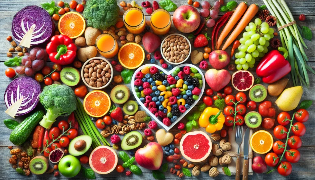 A vibrant assortment of fresh fruits, vegetables, nuts, and heart-healthy foods arranged on a wooden table. The image showcases a balanced diet rich in nutrients, promoting cardiovascular health through proper nutrition.