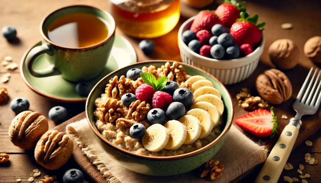 A cozy breakfast setup featuring a bowl of oatmeal topped with walnuts, sliced bananas, and berries, accompanied by a cup of green tea, creating a warm and inviting start to a heart-healthy day.