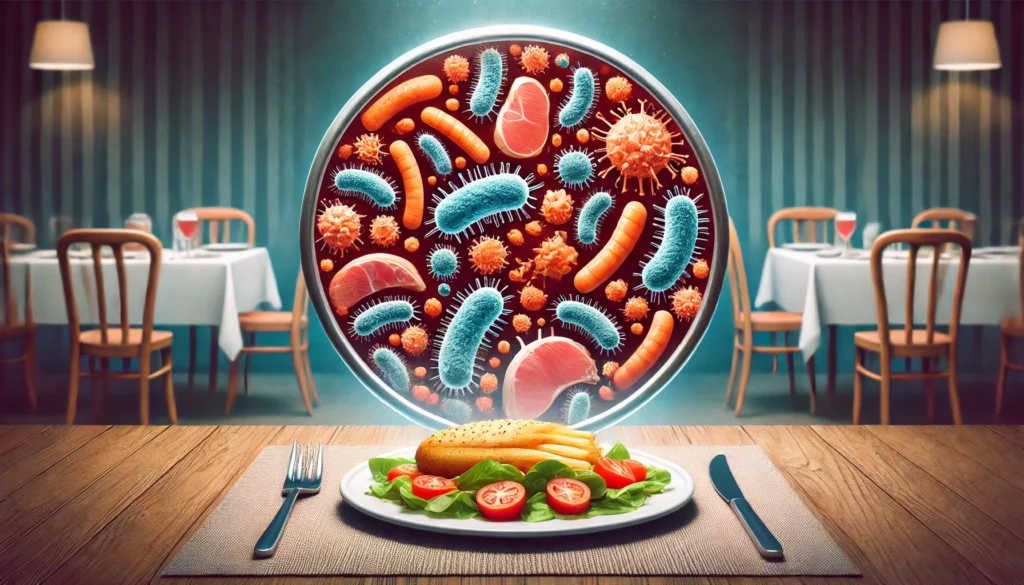 A plate of food that looks fresh and appetizing, but a closer look reveals microscopic harmful bacteria lingering on the surface. The image symbolizes the hidden dangers of foodborne illness and unseen contamination in everyday meals.
