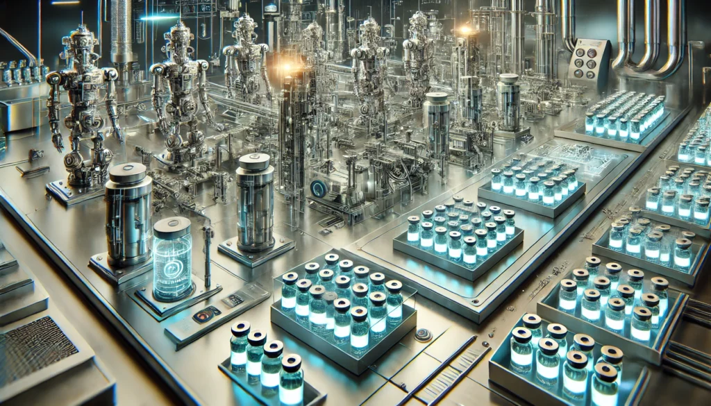 A sterile, high-tech pharmaceutical production facility featuring automated robotic systems, glowing vials containing controlled substances, and strict security protocols for opioid manufacturing.